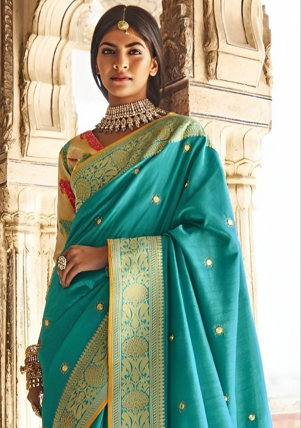 EKKTARA Saree For Women Turquoise Colour Designer Paithani Saree With Unstitched Designer Blouse