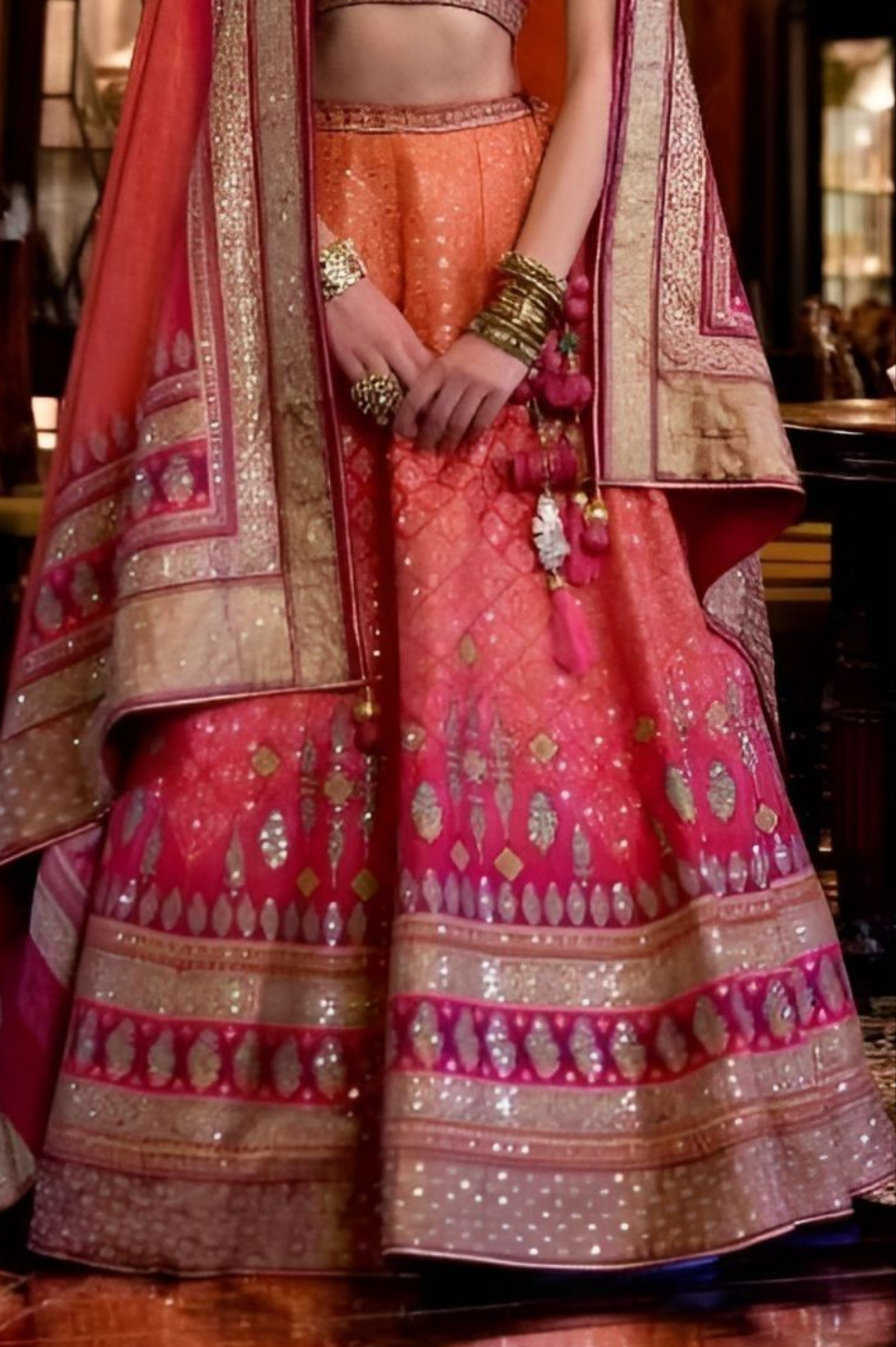 EKKTARA Stitched Designer Orange And Red Shade Lehenga Choli Set