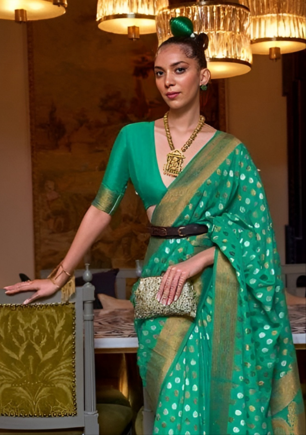 EKKTARA Saree For Women Light Green Colour Khadi Copper Zari Weaving Silk Saree With Unstitched Blouse