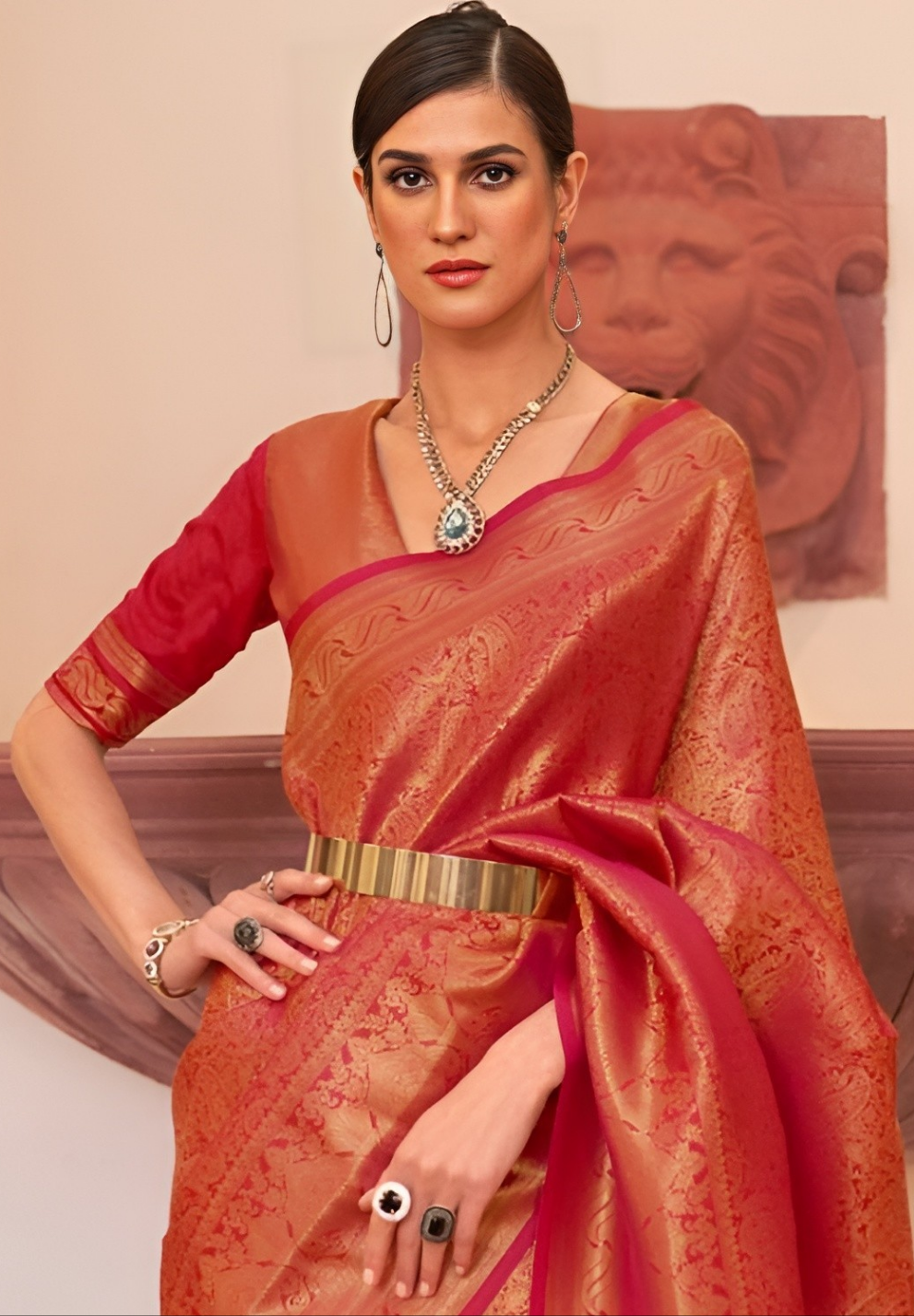 EKKTARA Saree For Women Red Colour Designer Handloom Weaving Silk Saree With Unstitched Blouse