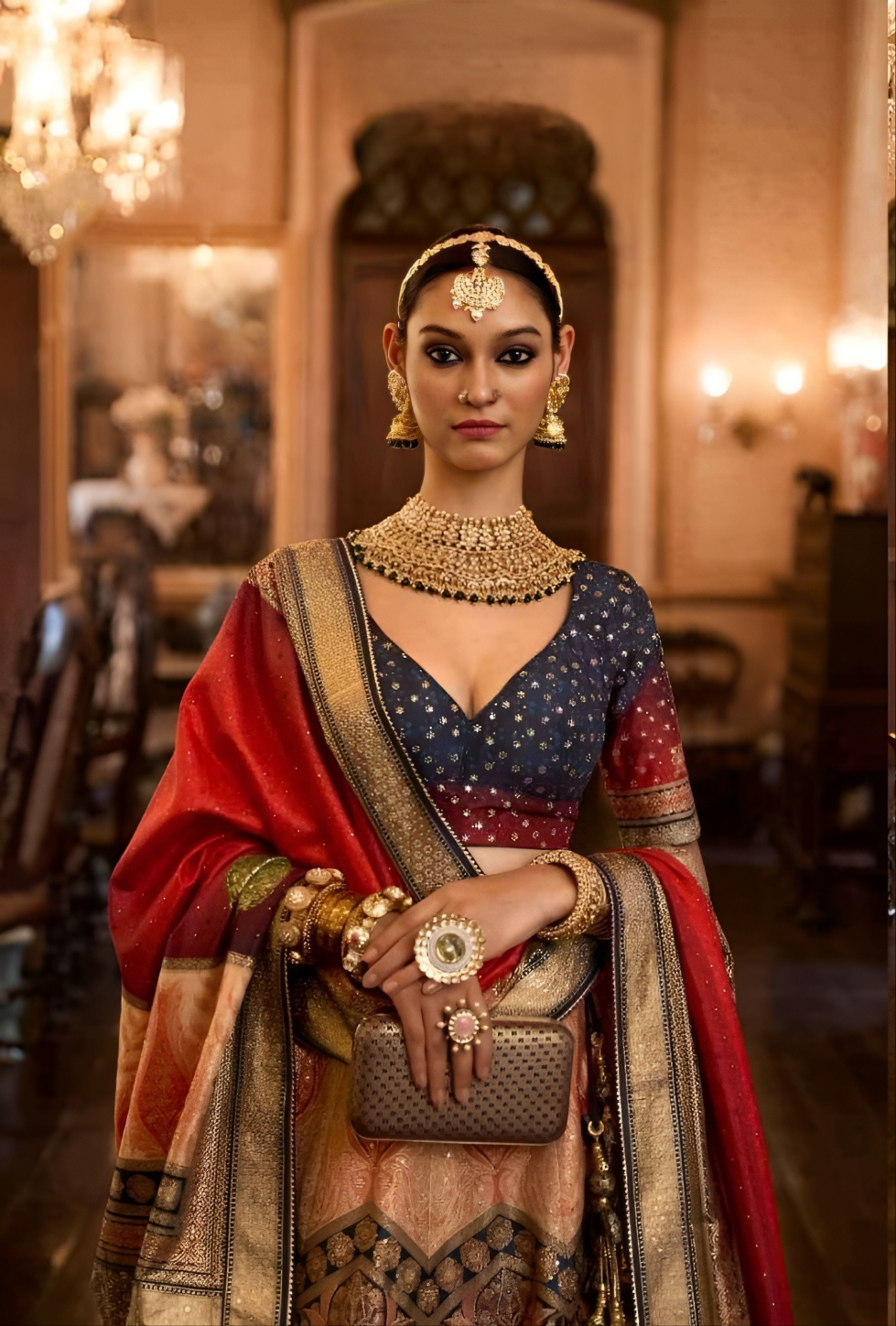 EKKTARA Stitched Designer Merigold And Red Shade Lehenga Choli Set