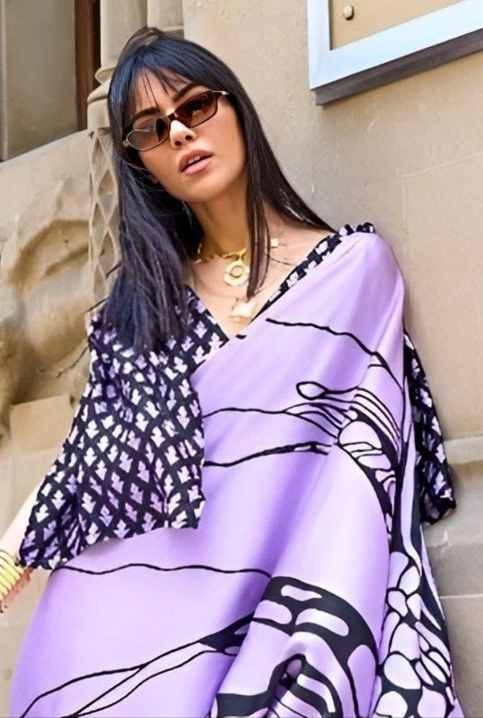 EKKTARA Saree For Women Lavender Colour Printed Satin Saree With Unstitched Blouse