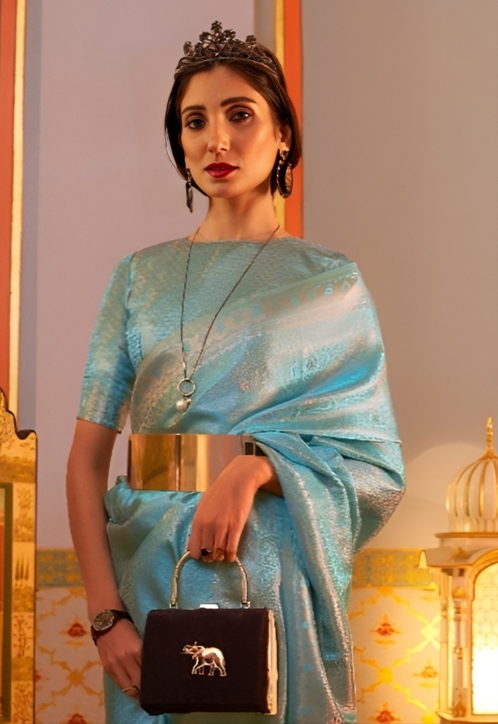 EKKTARA Saree For Women Turquoise Colour Saree With Unstitched Blouse