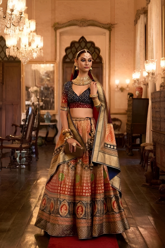 EKKTARA Stitched Designer Merigold And Red Shade Lehenga Choli Set