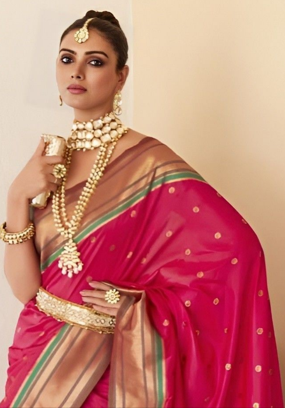 EKKTARA Saree For Women Pink Colour Peshwai Paithani Silk Saree With Unstitched Blouse