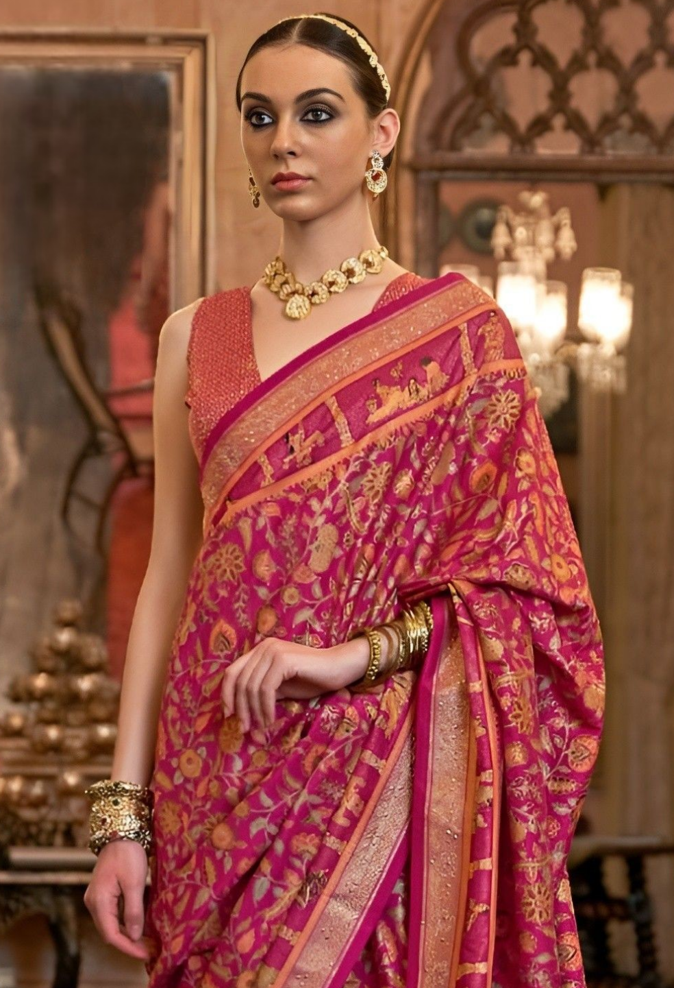 EKKTARA Saree For Women Pink Colour Patola Weaving Saree With Unstitched Blouse