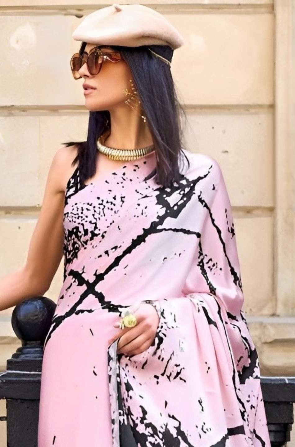 EKKTARA Saree For Women Pink Colour Printed Satin Saree With Unstitched Blouse