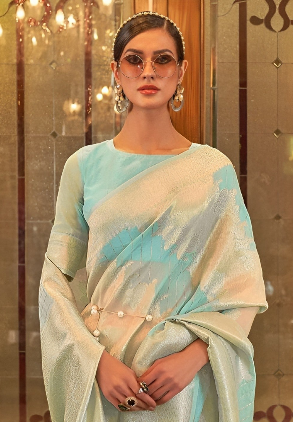 EKKTARA Saree For Women Turquoise Blue Colour Silk Blend Handloom Weaving Saree With Unstitched Blouse