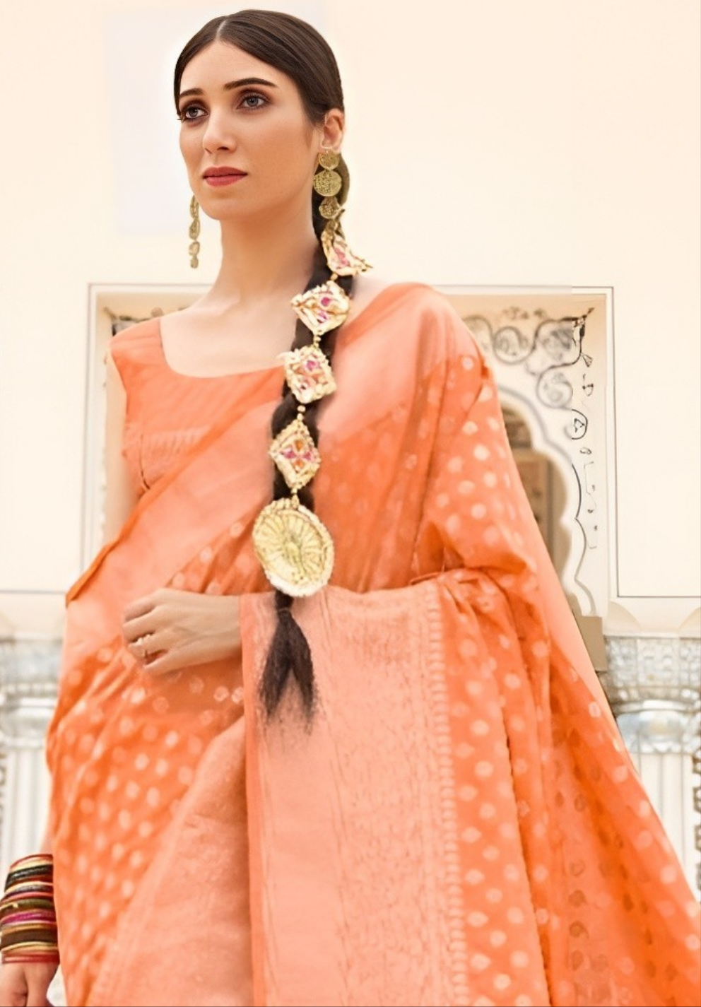 EKKTARA Saree For Women Orange Colour Khadi Handloom Weaving Silk Saree With Unstitched Blouse