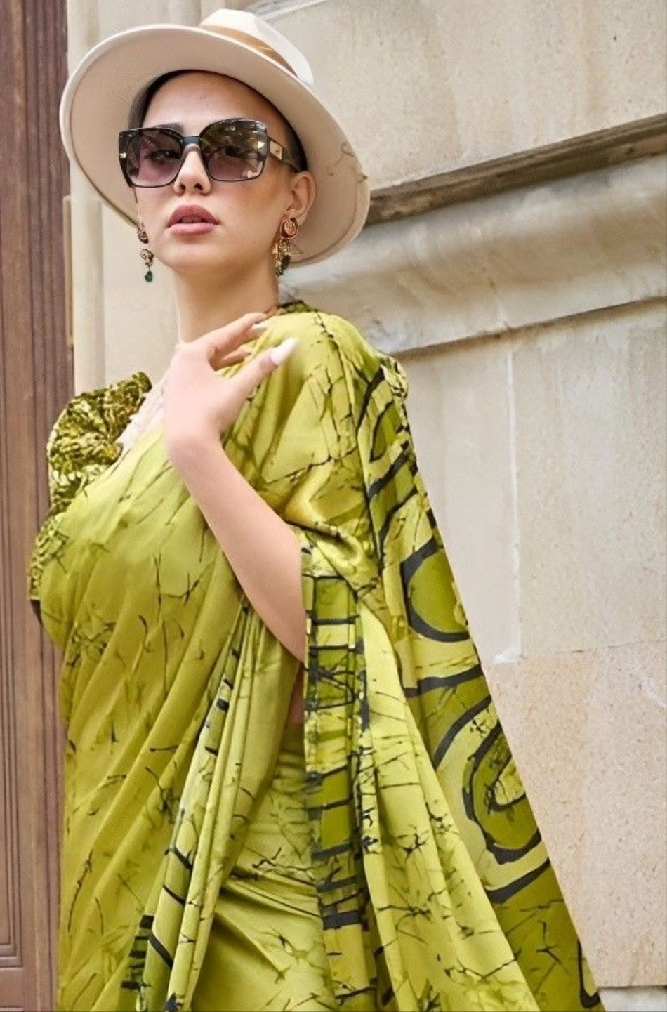EKKTARA Saree For Women Olive Colour Printed Satin Saree With Unstitched Blouse