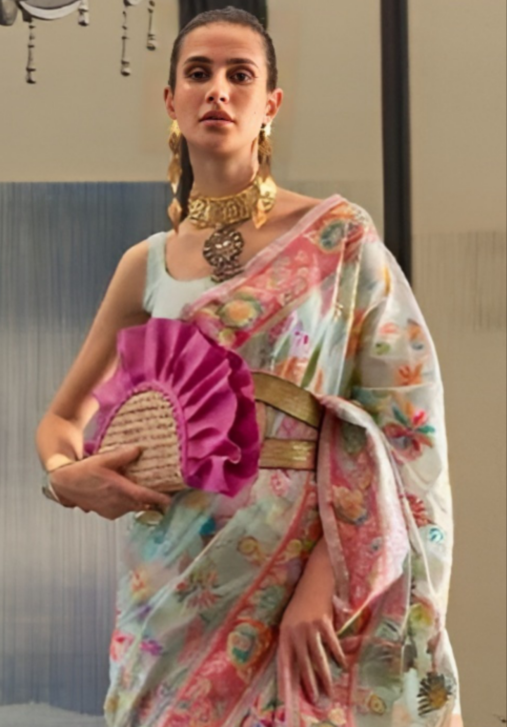 EKKTARA Saree For Women Sky Blue Colour Kashmiri Handloom Weaving Silk Saree With Unstitched Blouse