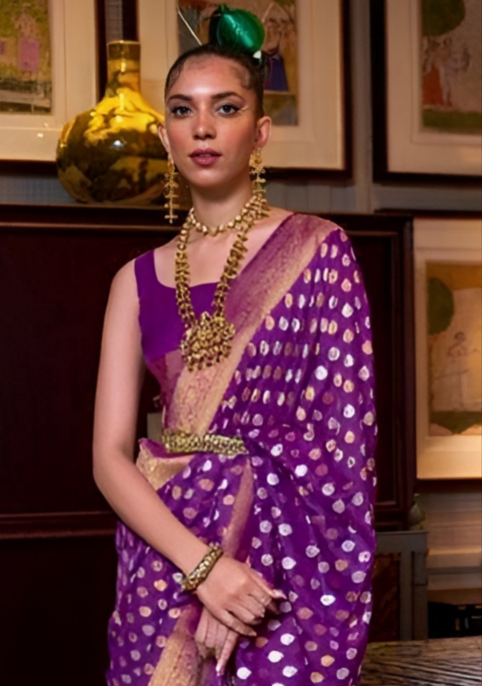 EKKTARA Saree For Women Purple Colour Khadi Copper Zari Weaving Silk Saree With Unstitched Blouse