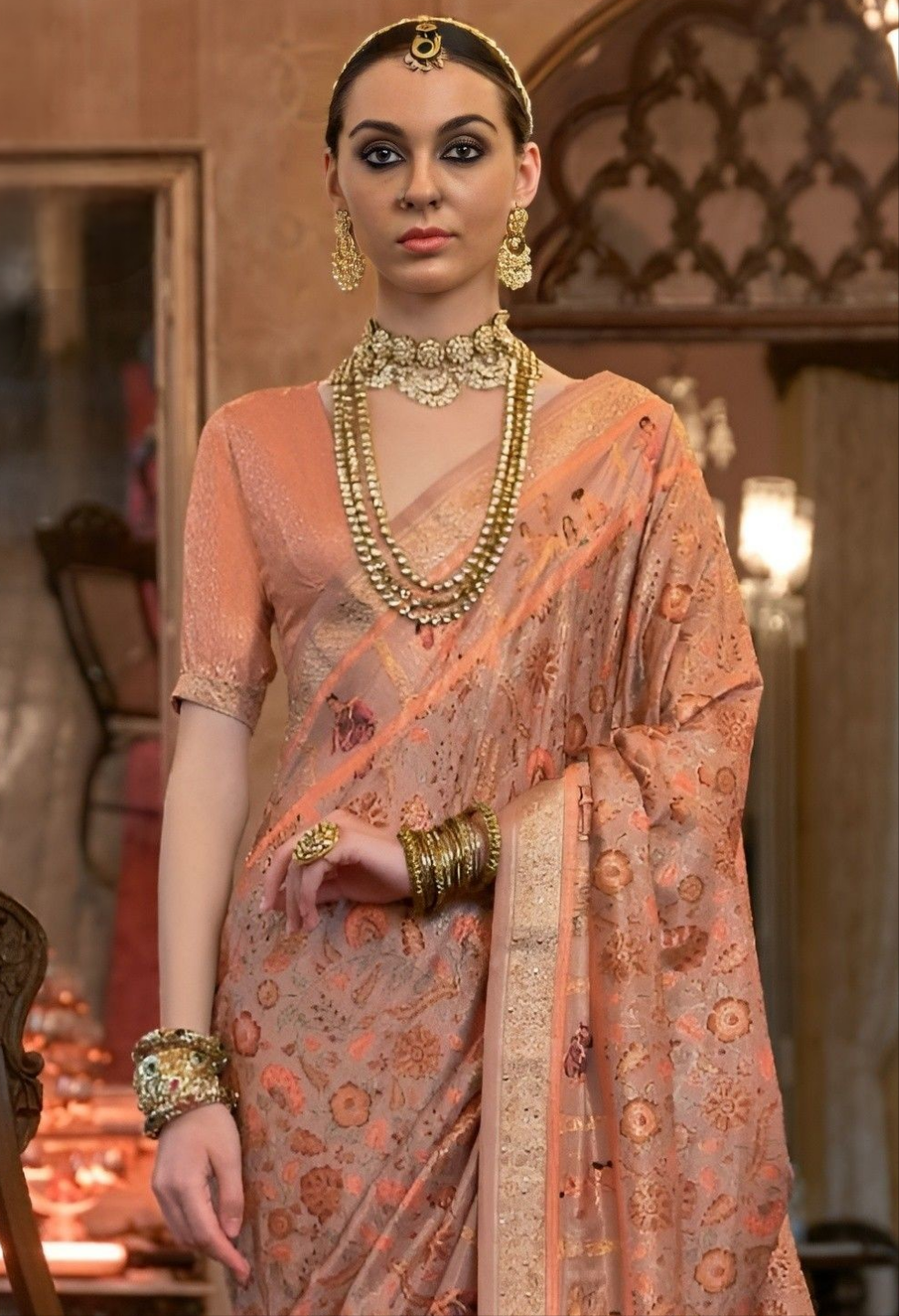 EKKTARA Saree For Women Peach Colour Patola Weaving Saree With Unstitched Blouse