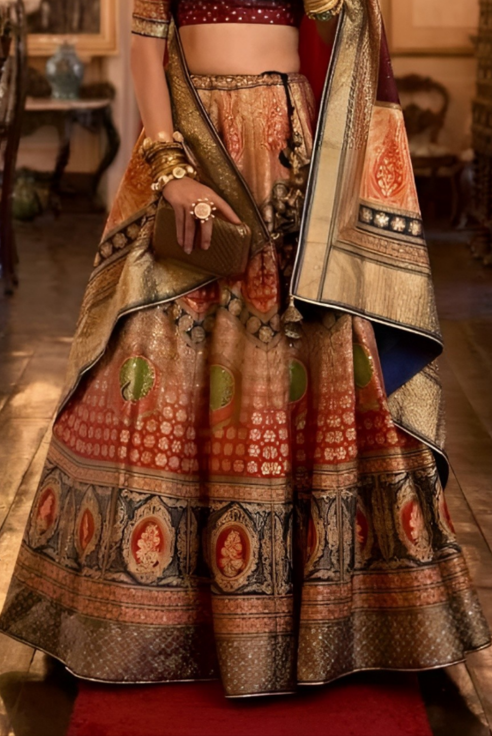 EKKTARA Stitched Designer Merigold And Red Shade Lehenga Choli Set