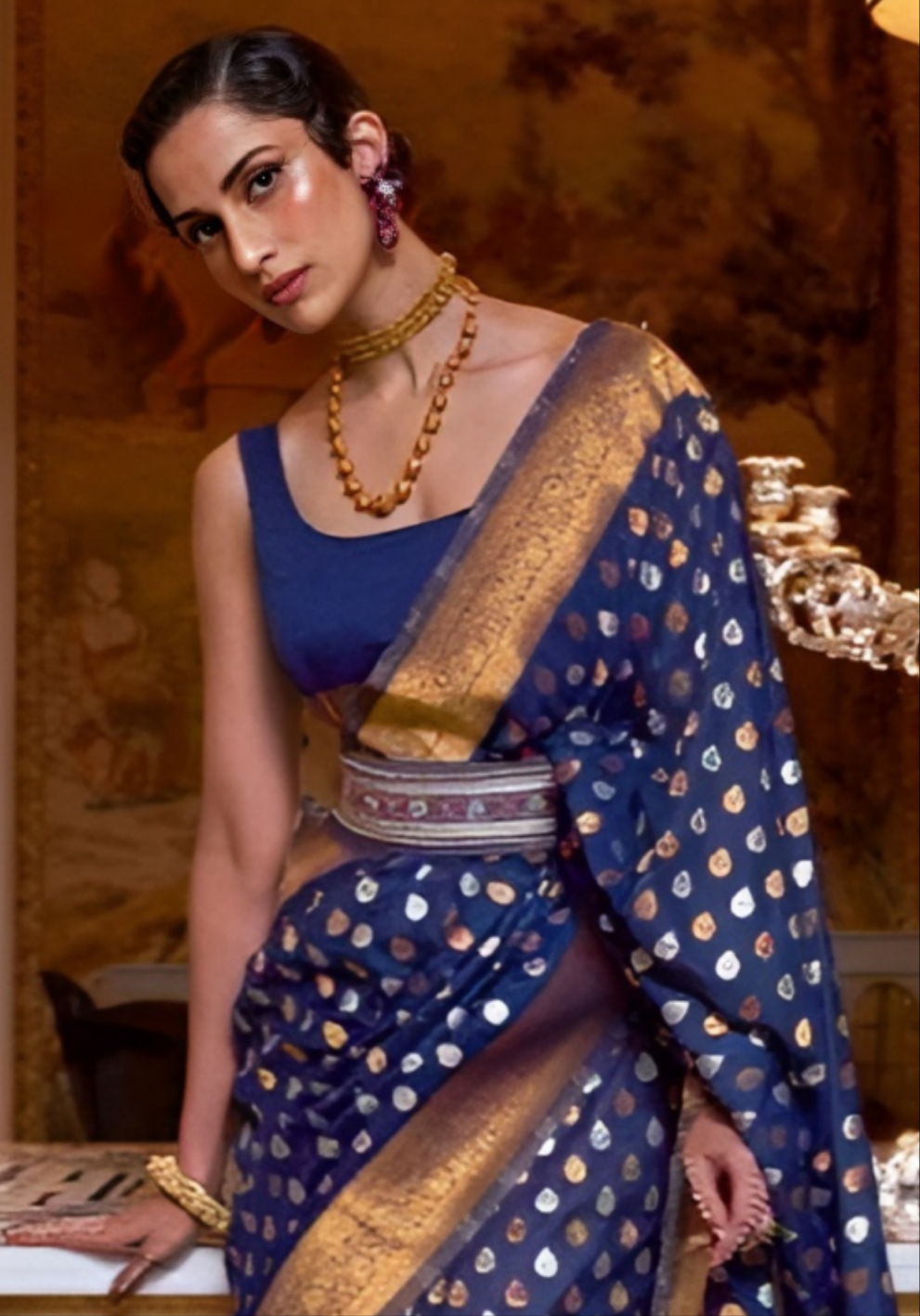 EKKTARA Saree For Women Navy Blue Colour Khadi Copper Zari Weaving Silk Saree With Unstitched Blouse