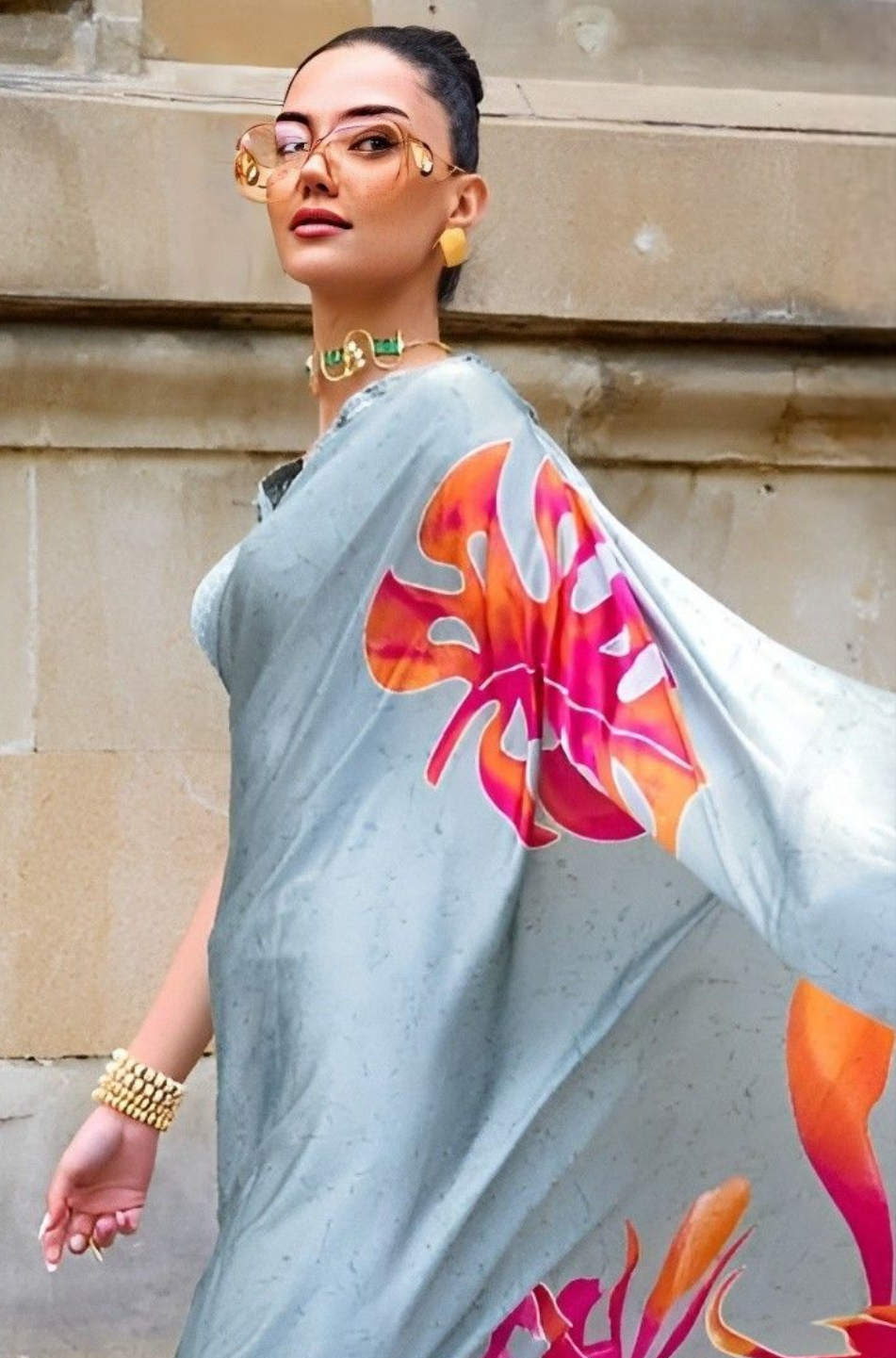 EKKTARA Saree For Women Grey Colour Printed Satin Saree With Unstitched Blouse