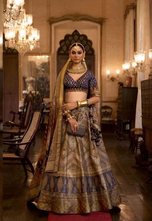 EKKTARA Stitched Designer Navy Blue And Golden Shade Lehenga Choli Set