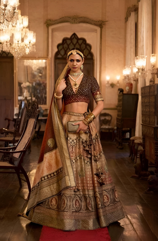 EKKTARA Stitched Designer Walnut And Golden Shade Lehenga Choli Set