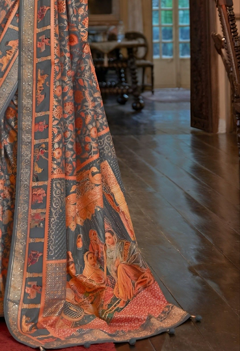 EKKTARA Saree For Women Grey Colour Patola Weaving Saree With Unstitched Blouse