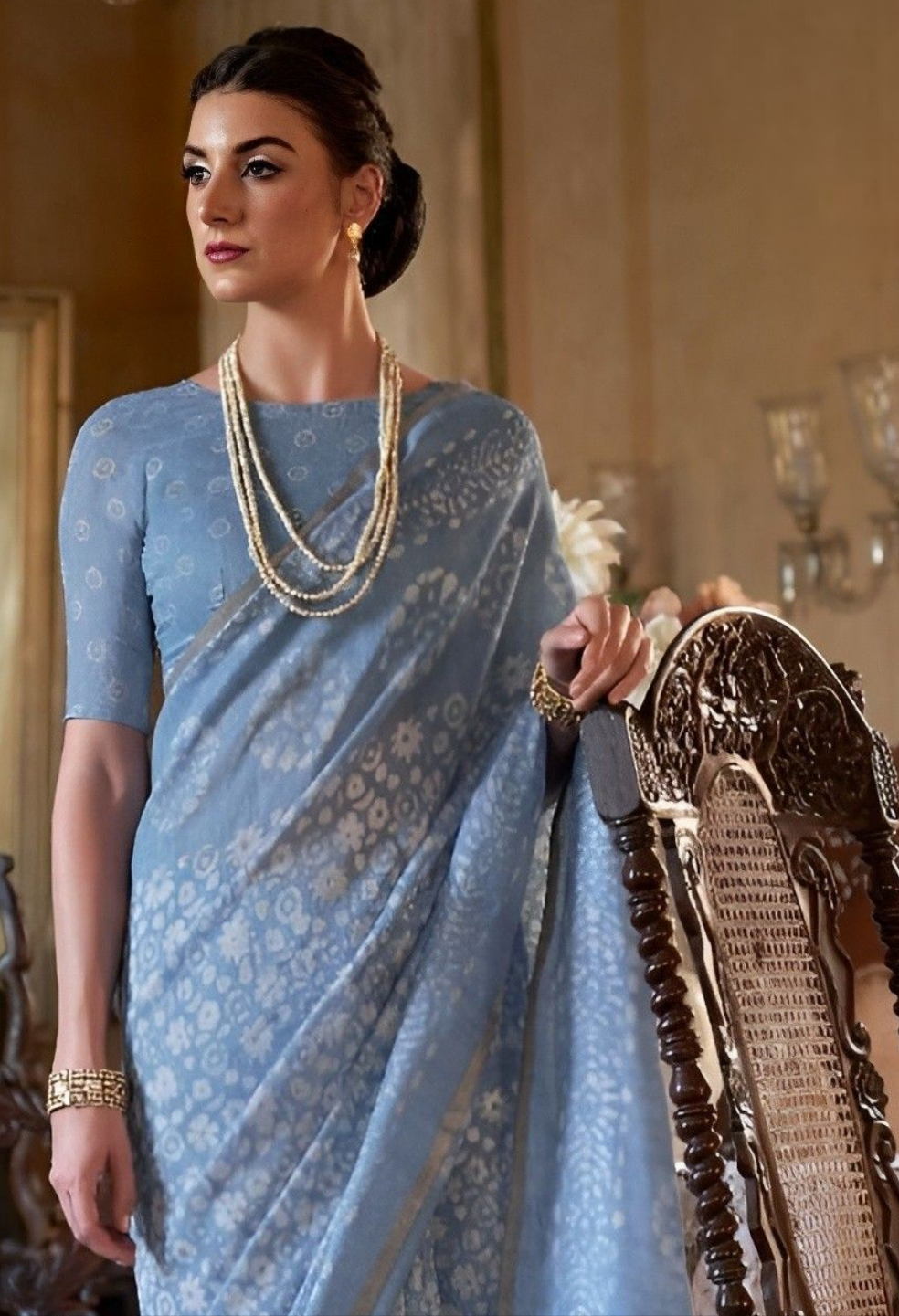 EKKTARA Saree For Women Sky Blue Colour Soft Linen Cotton Saree With Unstitched Blouse