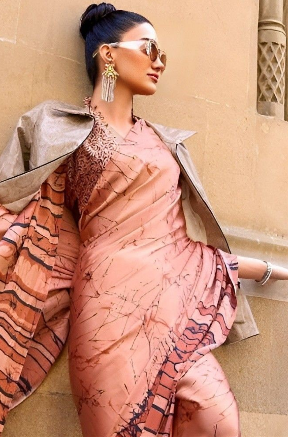 EKKTARA Saree For Women Peach Colour Printed Satin Saree With Unstitched Blouse