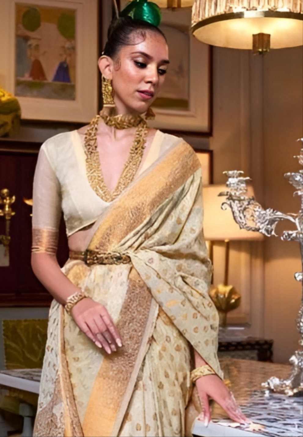 EKKTARA Saree For Women Cream Colour Khadi Copper Zari Weaving Silk Saree With Unstitched Blouse