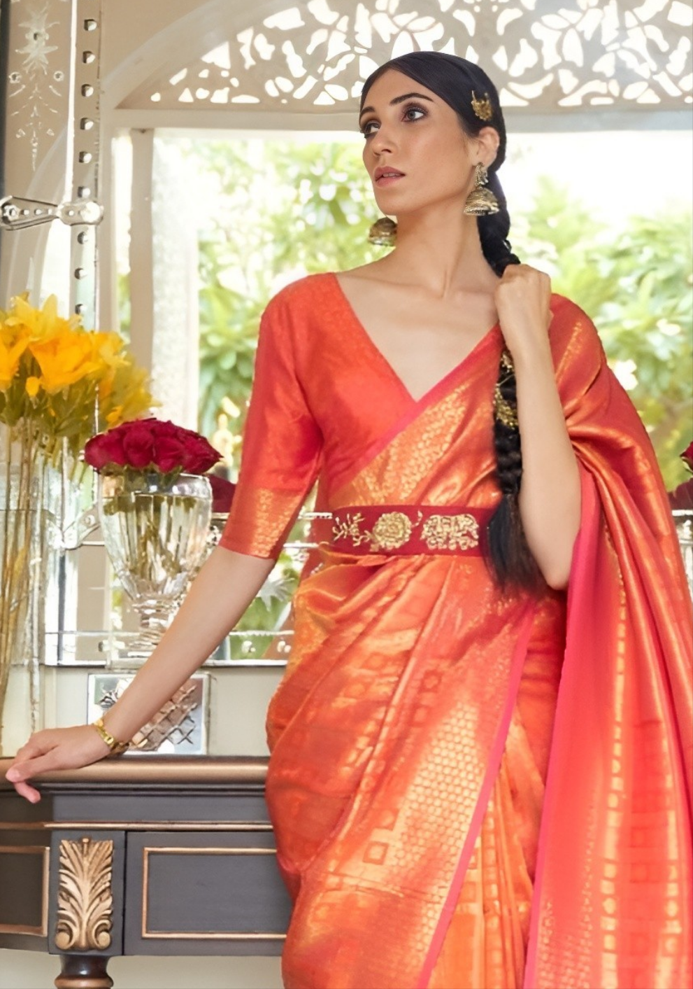 EKKTARA Saree For Women Orange Colour Silk Saree With Unstitched Blouse