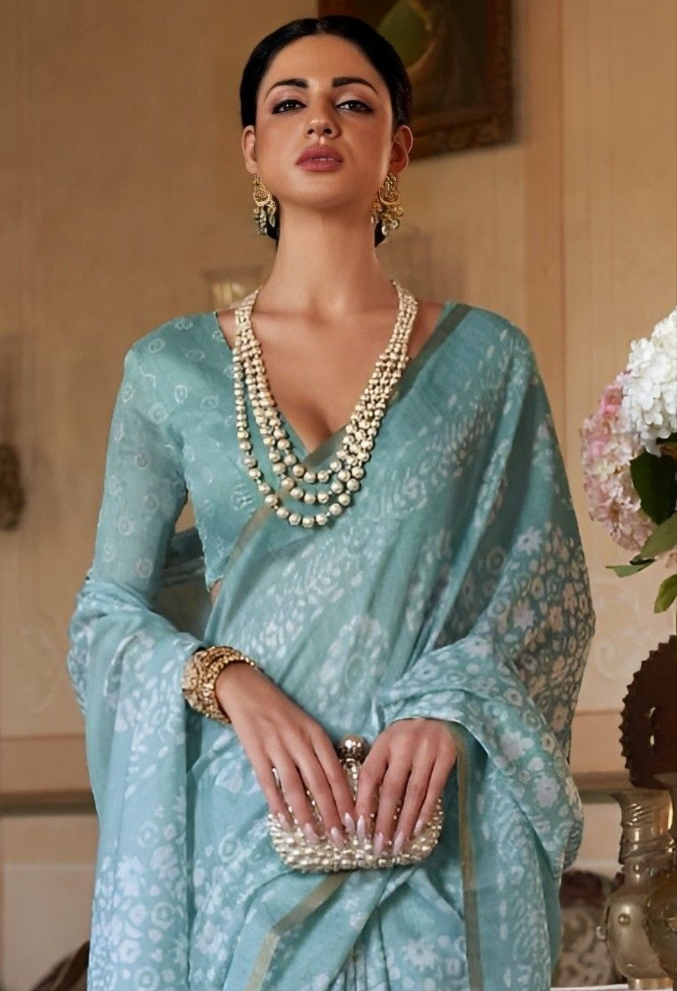 EKKTARA Saree For Women Turquoise Colour Soft Linen Cotton Saree With Unstitched Blouse