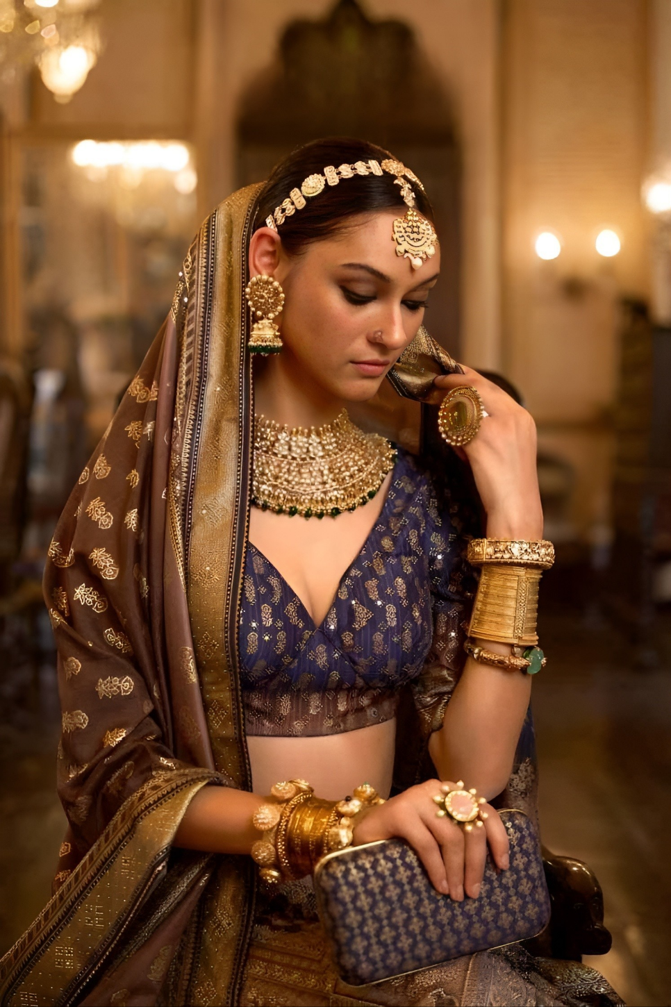 EKKTARA Stitched Designer Navy Blue And Golden Shade Lehenga Choli Set