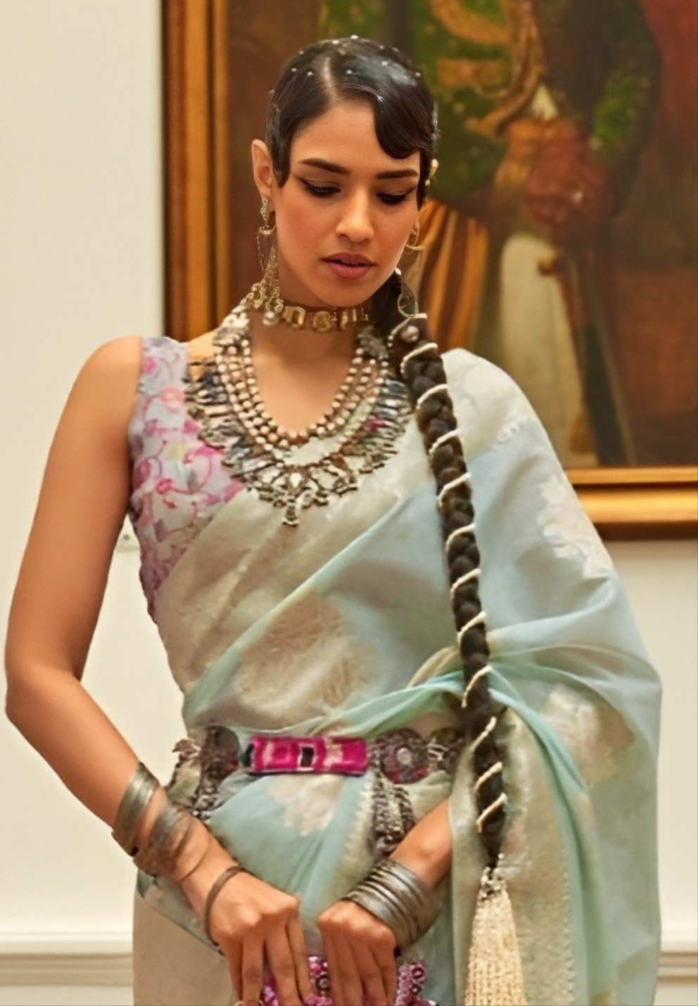 EKKTARA Saree For Women Light Blue Colour Handloom Weaving Silk Saree With Kashmiri Pallu & Kashmiri Unstitched Blouse