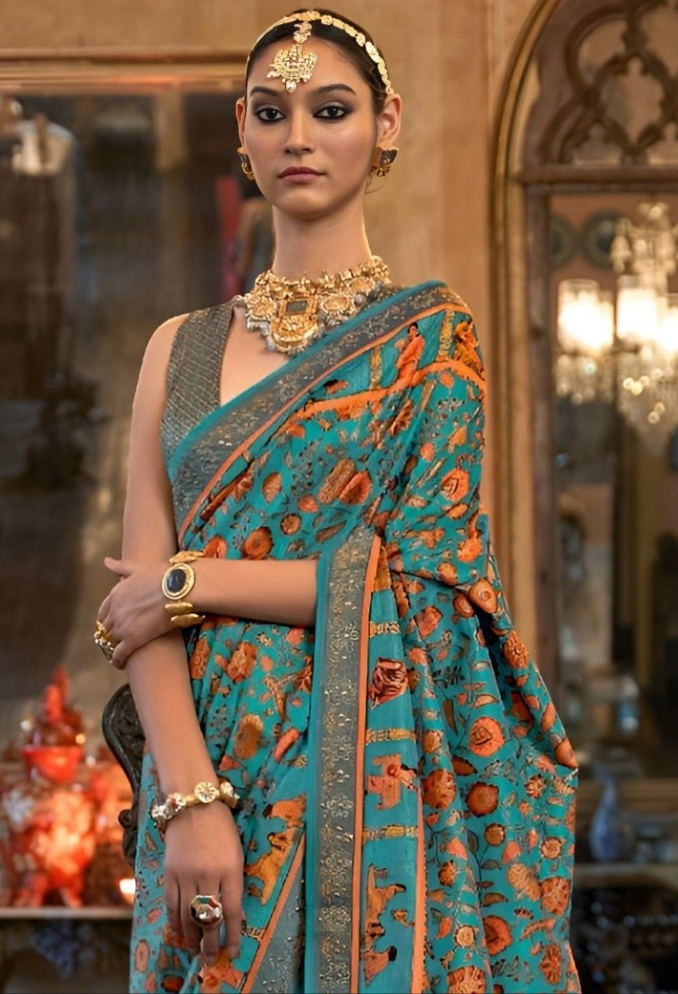 EKKTARA Saree For Women Turquoise Colour Patola Weaving Saree With Unstitched Blouse
