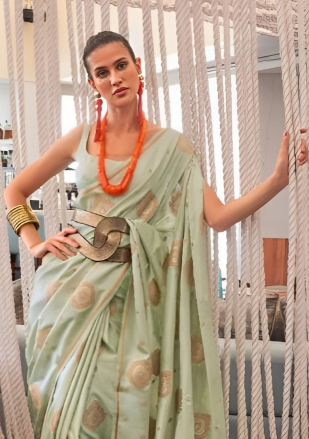 EKKTARA Saree For Women Light Pista Colour Pure Satin Copper Zari Weaving Silk Saree With Unstitched Blouse