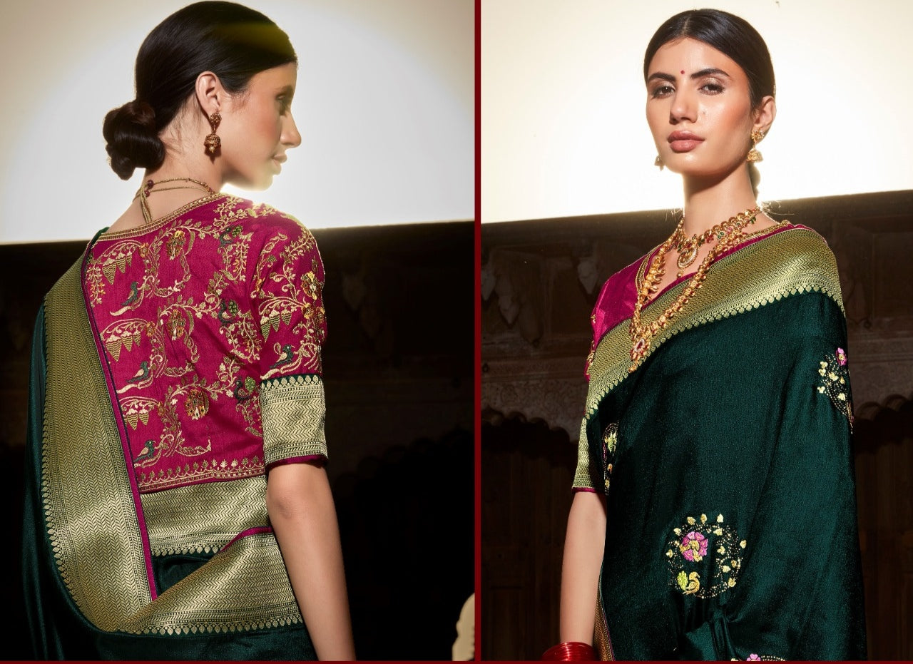 EKKTARA Saree For Women Dark Green Colour Designer Paithani Saree With Unstitched Designer Blouse