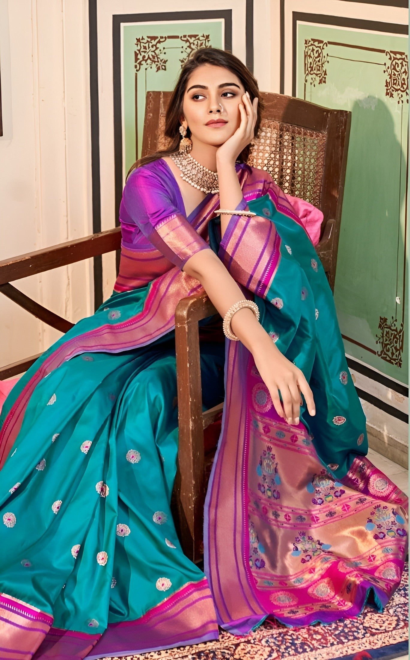 EKKTARA Saree For Women Turquoise Colour Peshwai Paithani Silk Saree With Unstitched Blouse