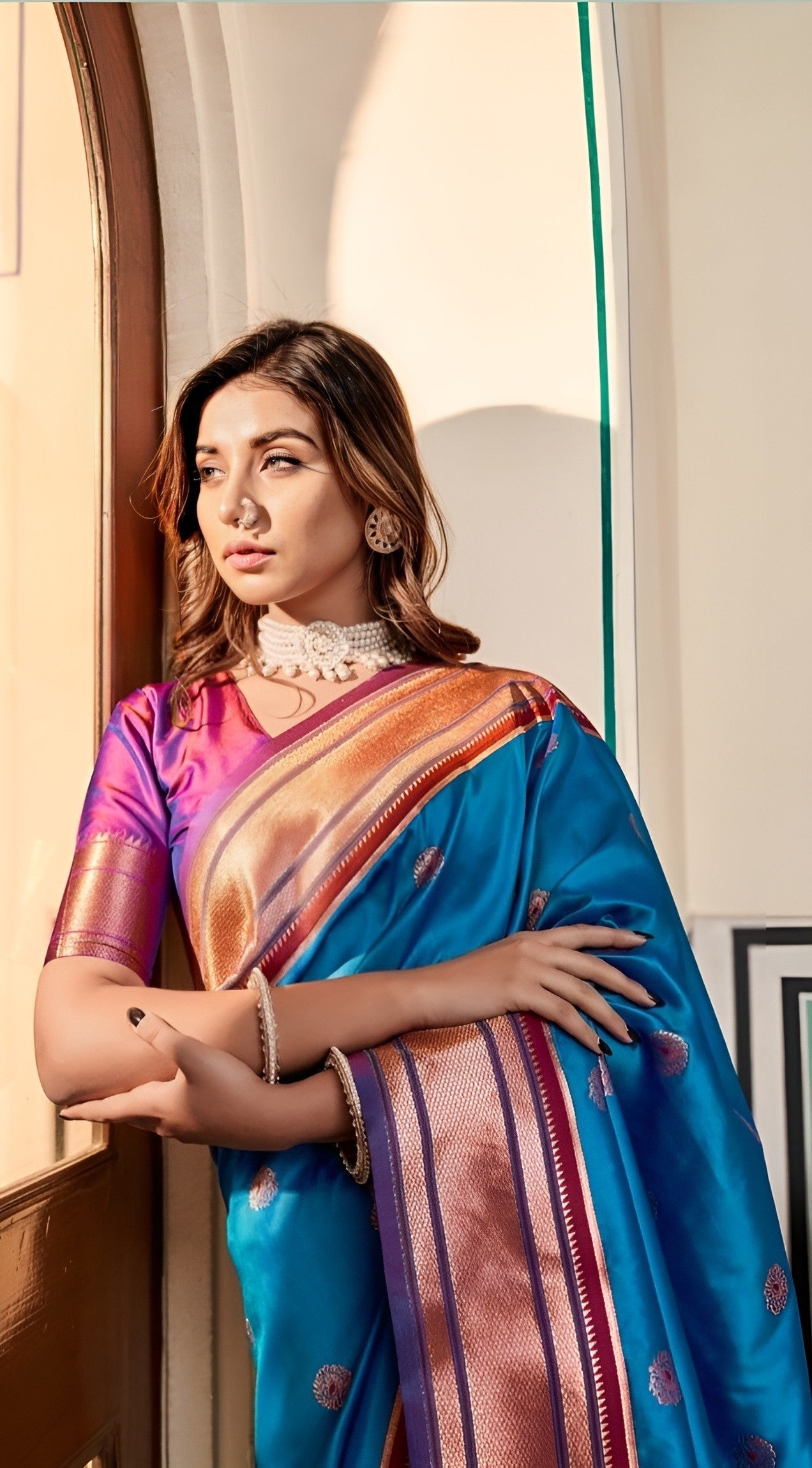 EKKTARA Saree For Women Neon Blue Colour Peshwai Paithani Silk Saree With Unstitched Blouse