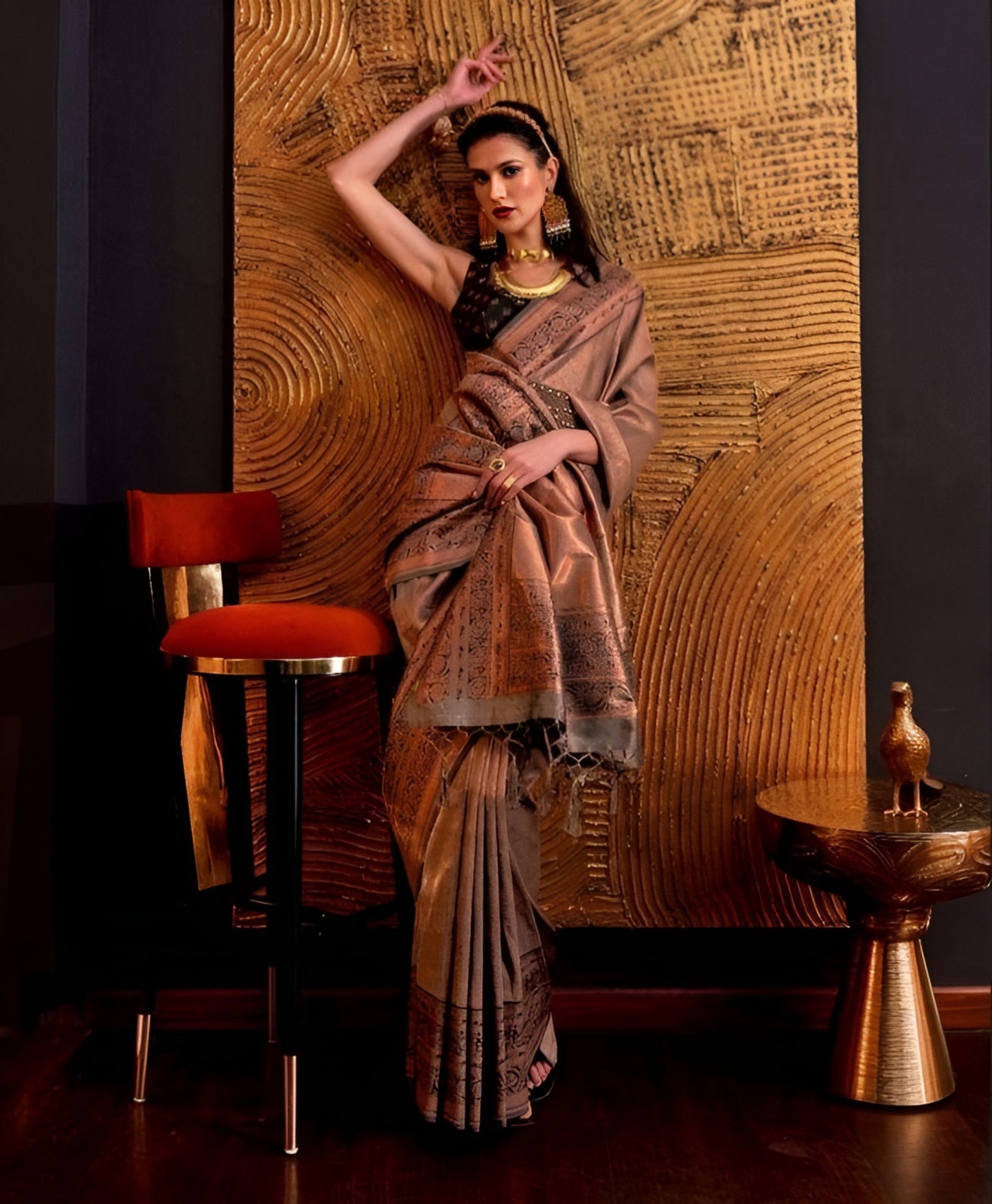 EKKTARA Saree For Women Copper Colour Handloom Weaving Silk Saree With Unstitched Blouse