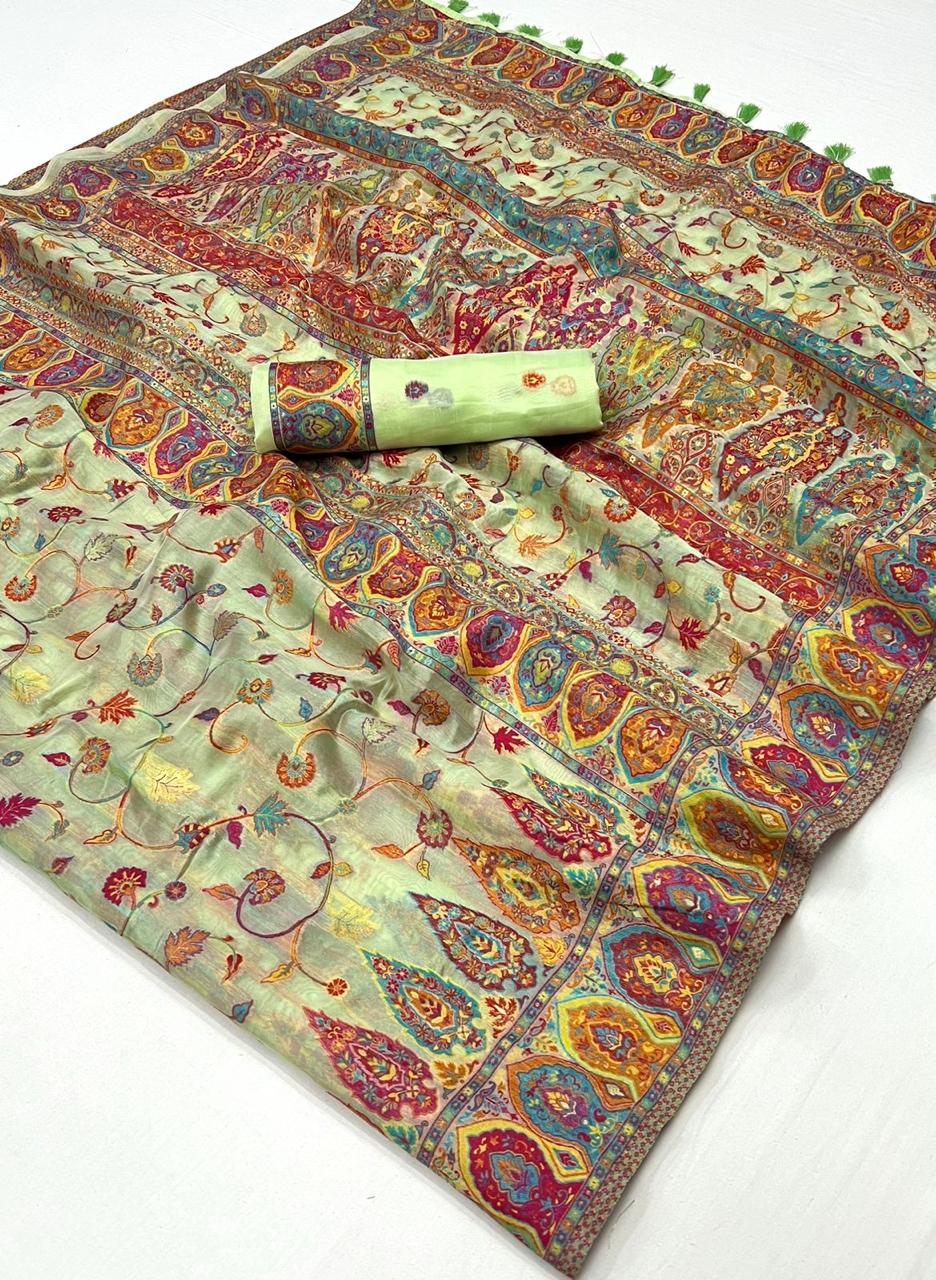 EKKTARA Saree For Women Pista Colour Kashmiri Handloom Weaving Organza Saree With Unstitched Blouse