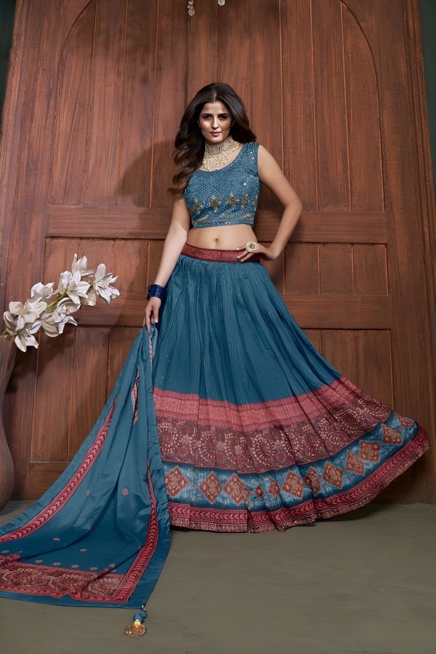 EKKTARA Stitched Aqua Blue Colour Lehenga Choli Set