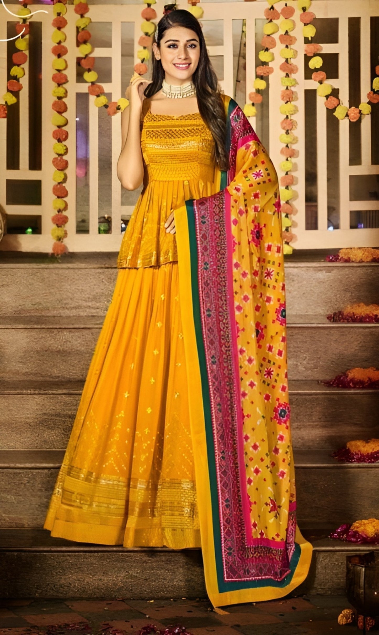 EKKTARA Semi Stitched Designer Turmeric Yellow Colour Squins Work Lehenga Choli Set