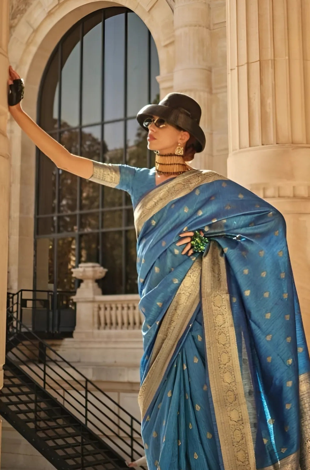 EKKTARA Saree For Women Stone Blue Colour Handloom Weaving Silk Saree With Unstitched Blouse