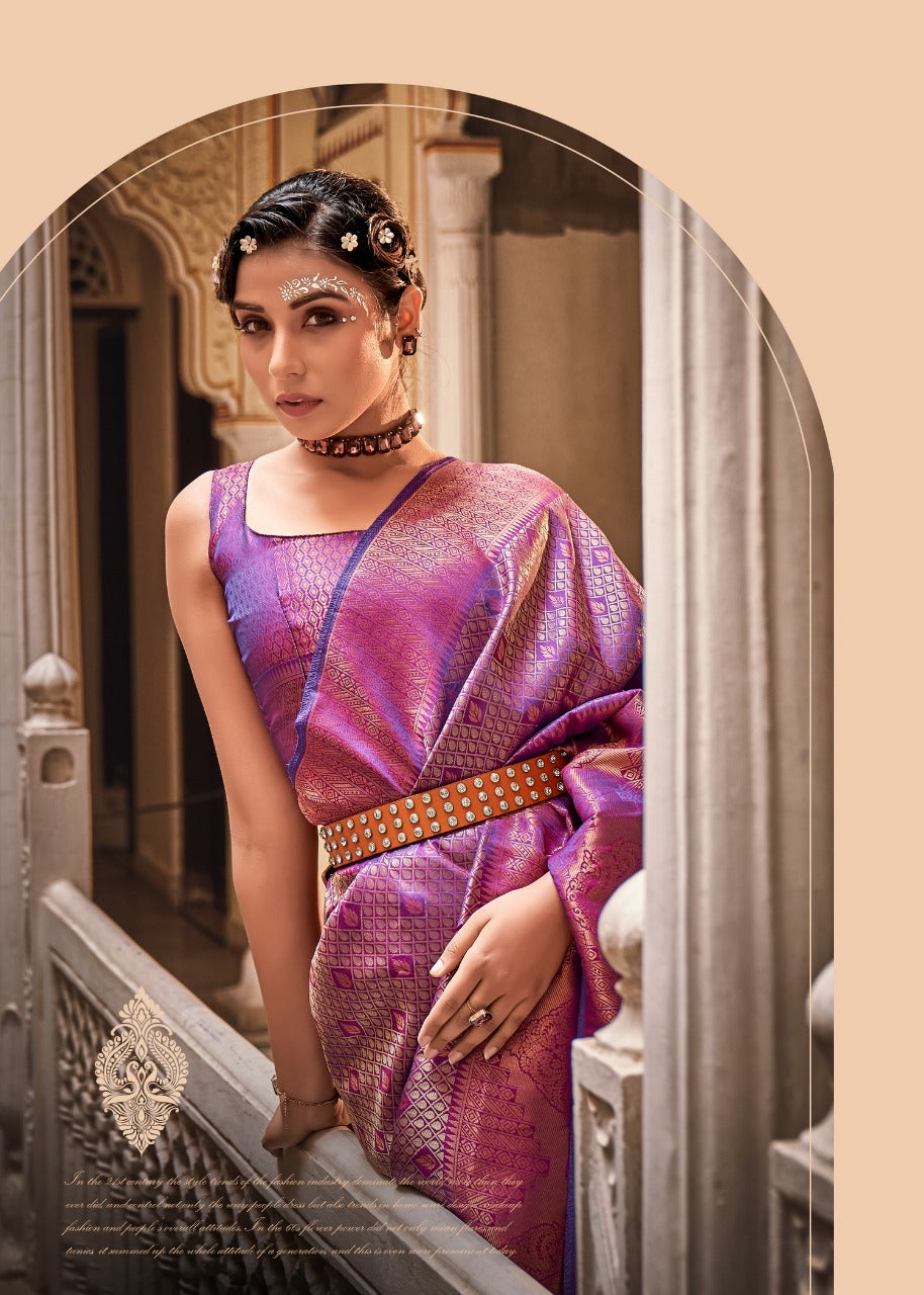 EKKTARA Saree For Women Purple Colour Handloom Silk Zari Saree With Unstitched Blouse