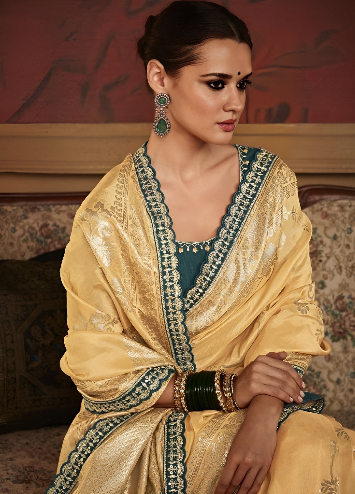 EKKTARA Saree For Women Golden Yellow Colour Dola Silk Saree With Embroidery Work Unstitched Blouse