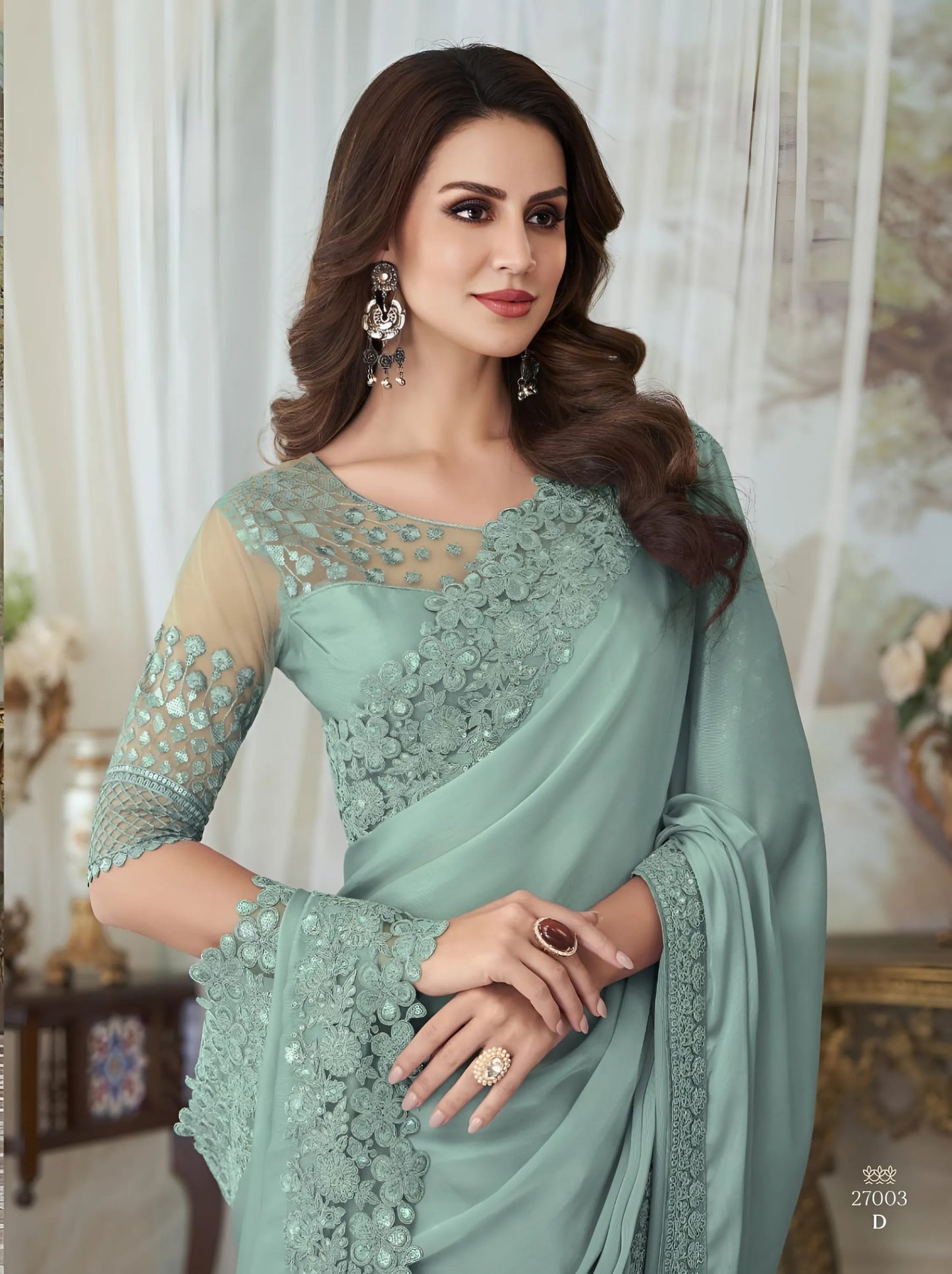 EKKTARA Saree For Women Mint Green Colour Designer Party Wear Saree With Unstitched Blouse