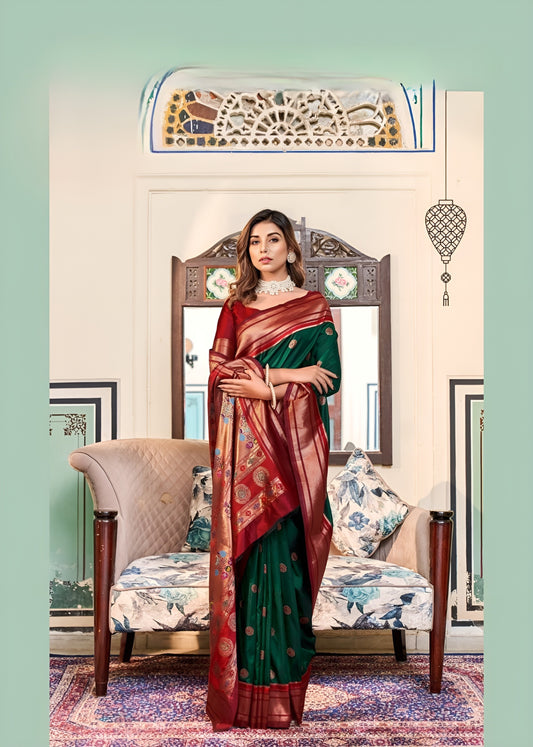 EKKTARA Saree For Women Green Colour Peshwai Paithani Silk Saree With Unstitched Blouse