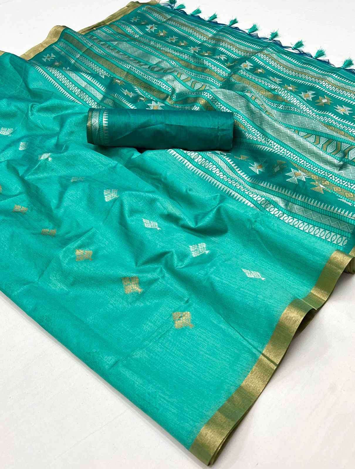 EKKTARA Saree For Women  Turquoise Colour Handloom Weaving Silk Saree With Unstitched Blouse