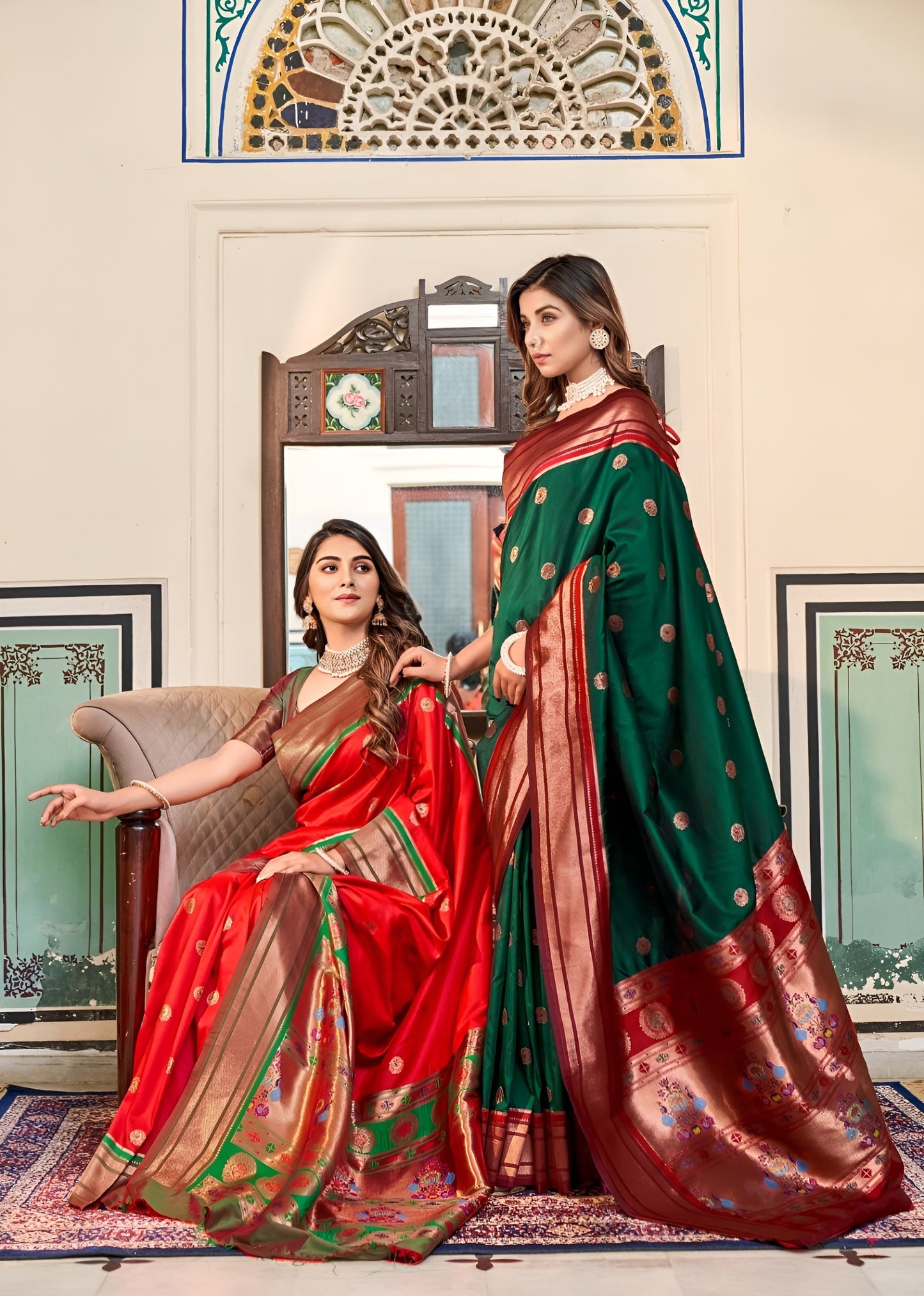 EKKTARA Saree For Women Green Colour Peshwai Paithani Silk Saree With Unstitched Blouse