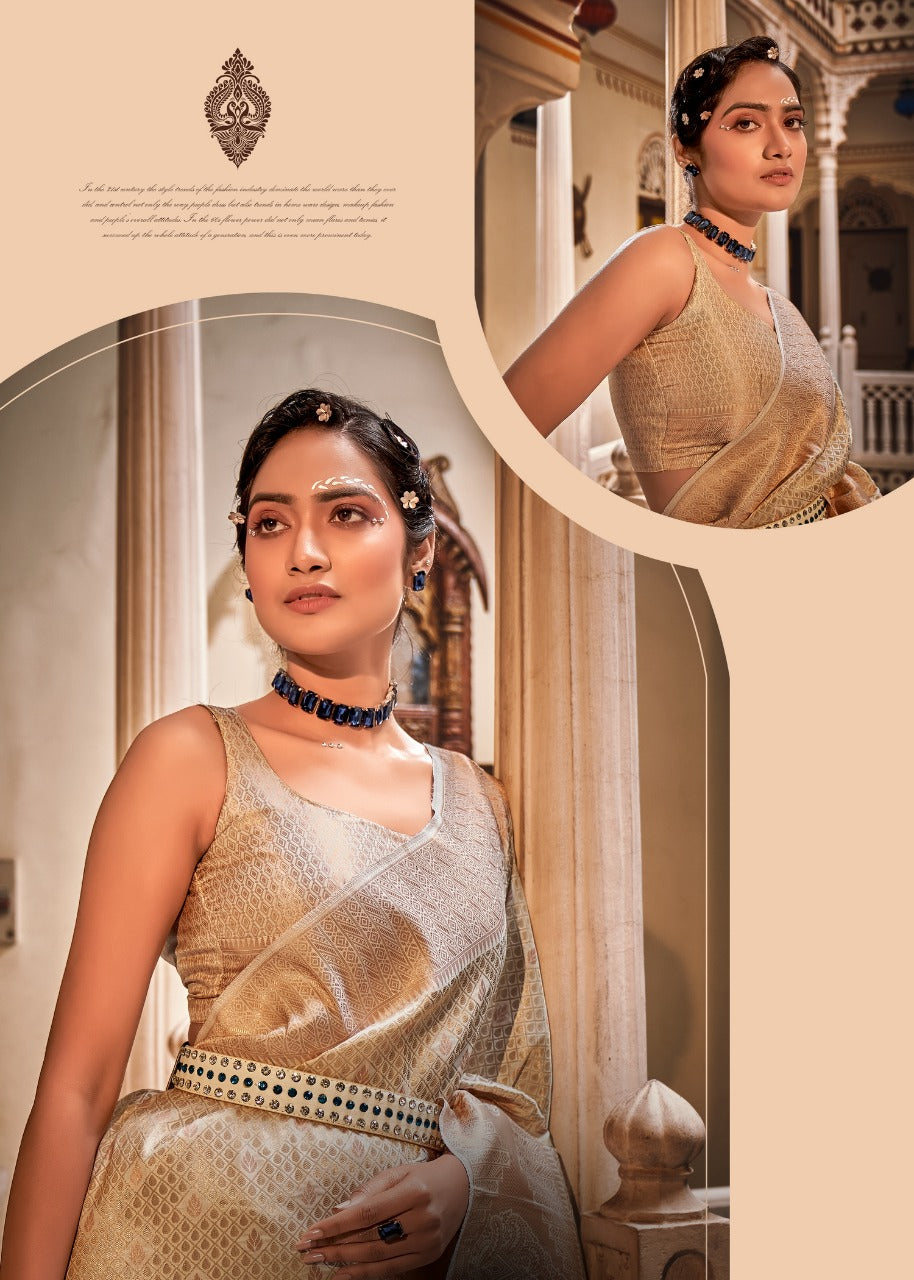 EKKTARA Saree For Women Beige Colour Handloom Silk Zari Saree With Unstitched Blouse