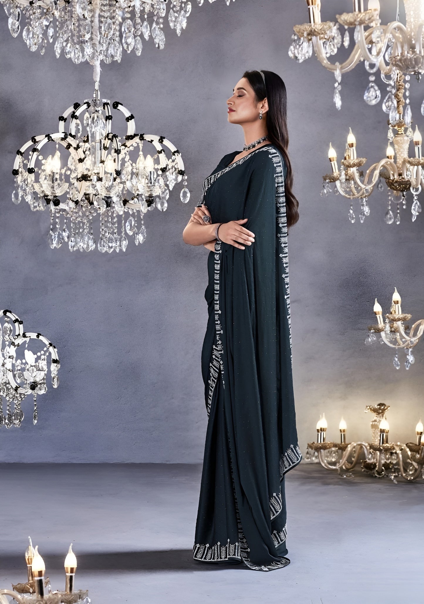 EKKTARA Saree For Women Black Colour Partywear Satin Silk Zarkan Work Saree With Unstitched Blouse