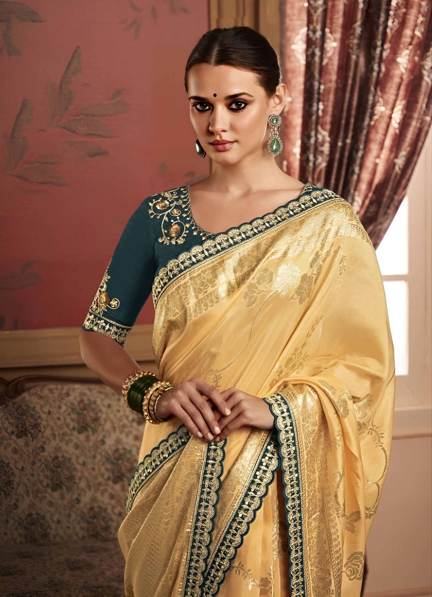 EKKTARA Saree For Women Golden Yellow Colour Dola Silk Saree With Embroidery Work Unstitched Blouse
