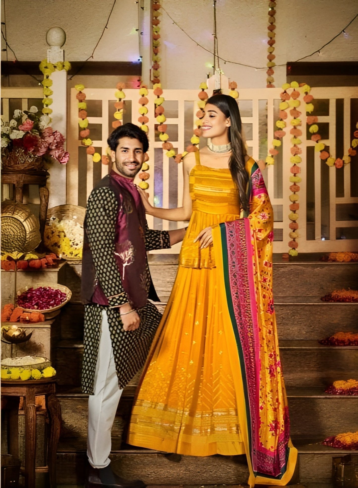 EKKTARA Semi Stitched Designer Turmeric Yellow Colour Squins Work Lehenga Choli Set